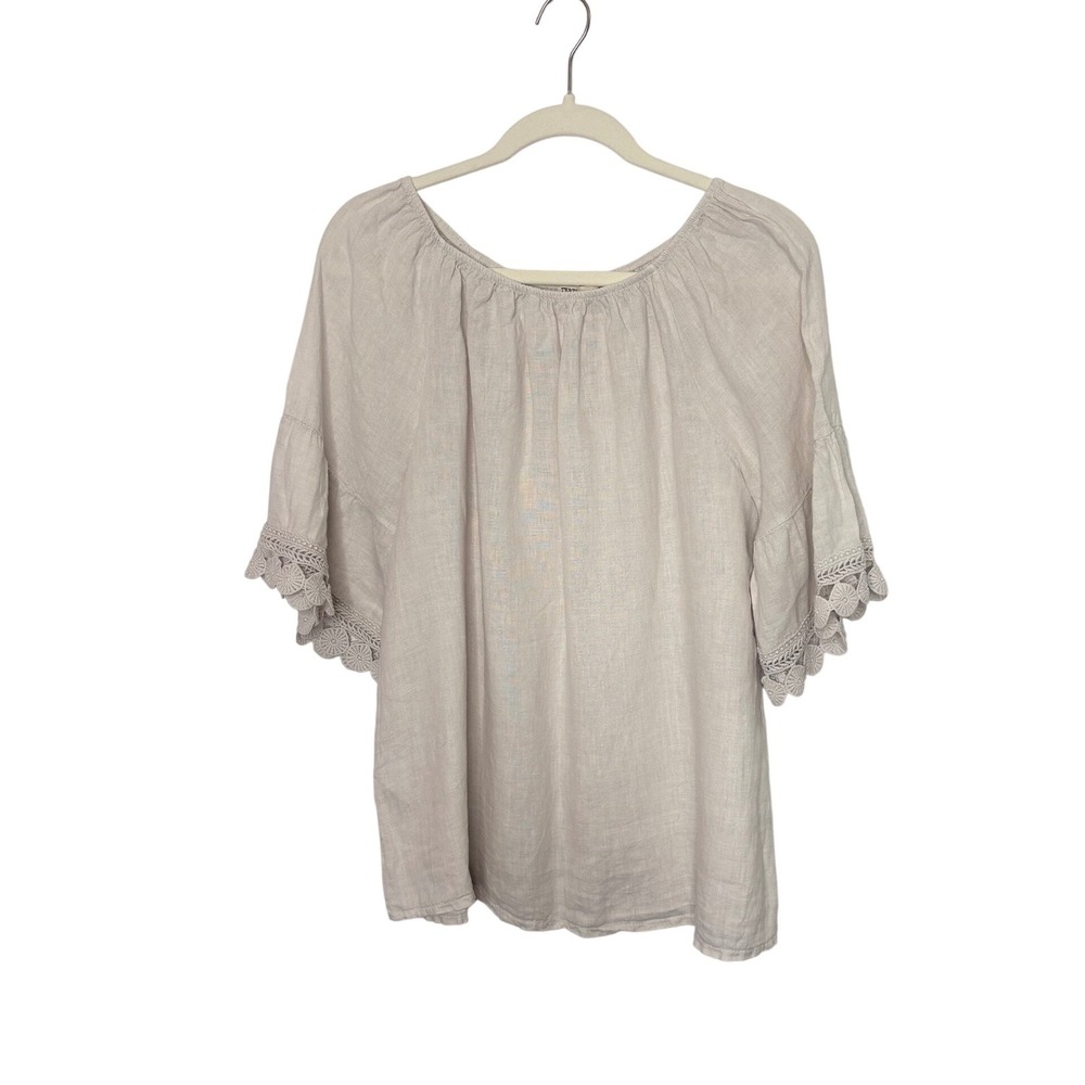 Terzo Millennio Blouse 100% Linen Crochet Lace Trim Boho Made in Italy L - Picture 2 of 9